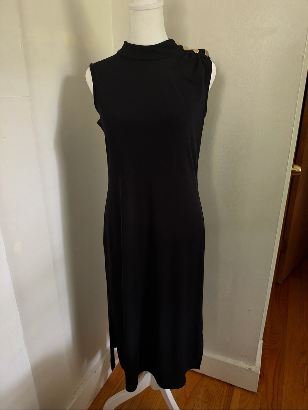 Michael Kors Black Long Sleeveless Dress Size XS Gold Tone Buttons Detail
